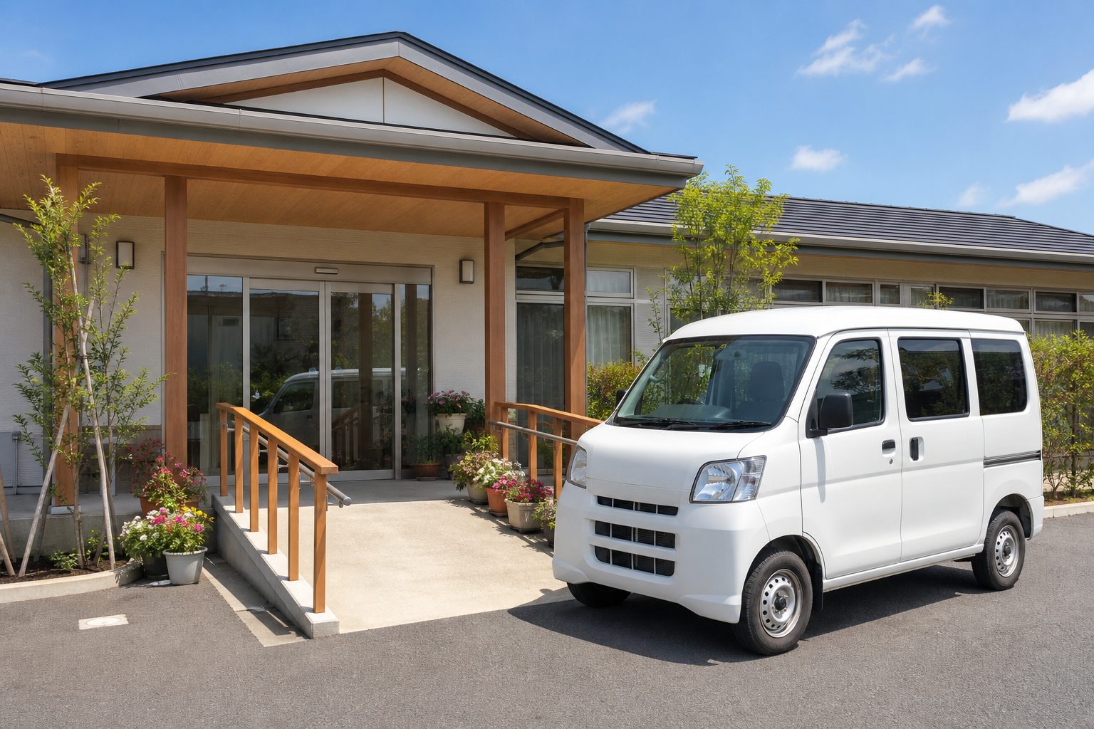 スロープと手すりのある玄関と送迎車（※実際の写真に差し替えます）