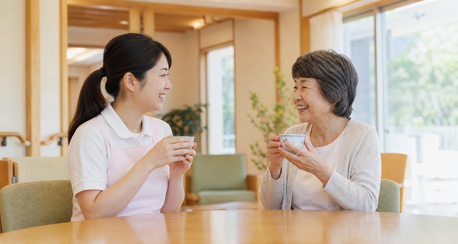 お茶の時間に笑い合う利用者とスタッフ（※実際の写真に差し替えます）