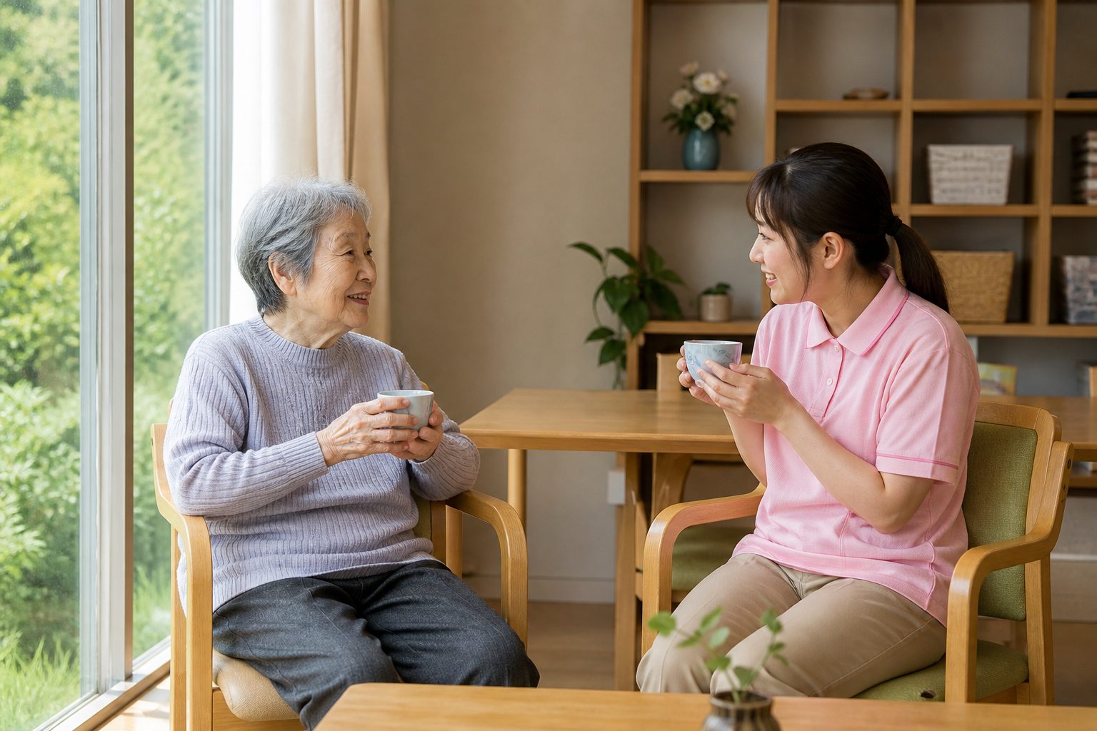 窓辺でお茶を飲みながら談笑する利用者とスタッフ（※実際の写真に差し替えます）
