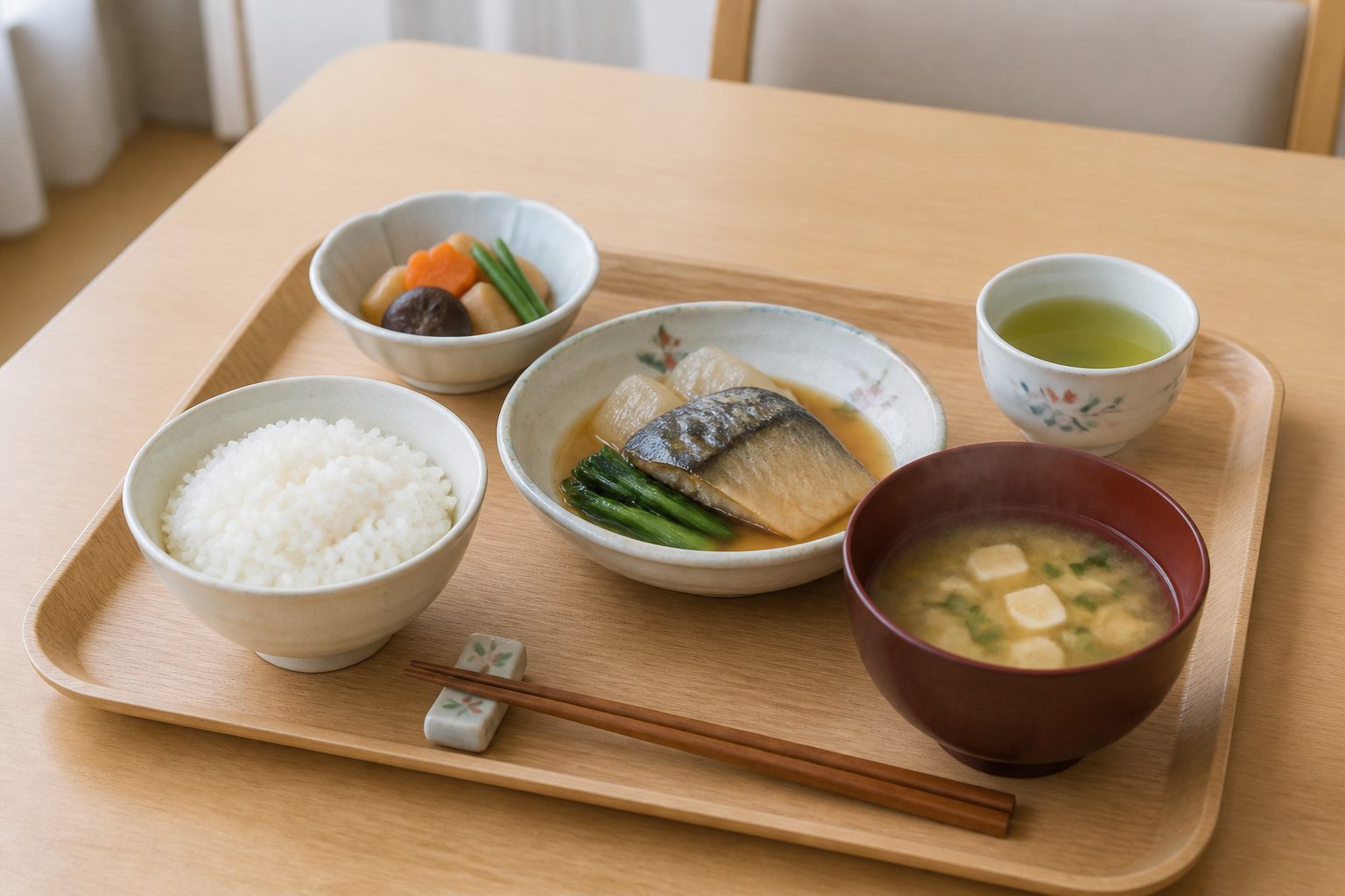 ごはん・味噌汁・煮魚の家庭的な昼食の御膳（※実際の写真に差し替えます）